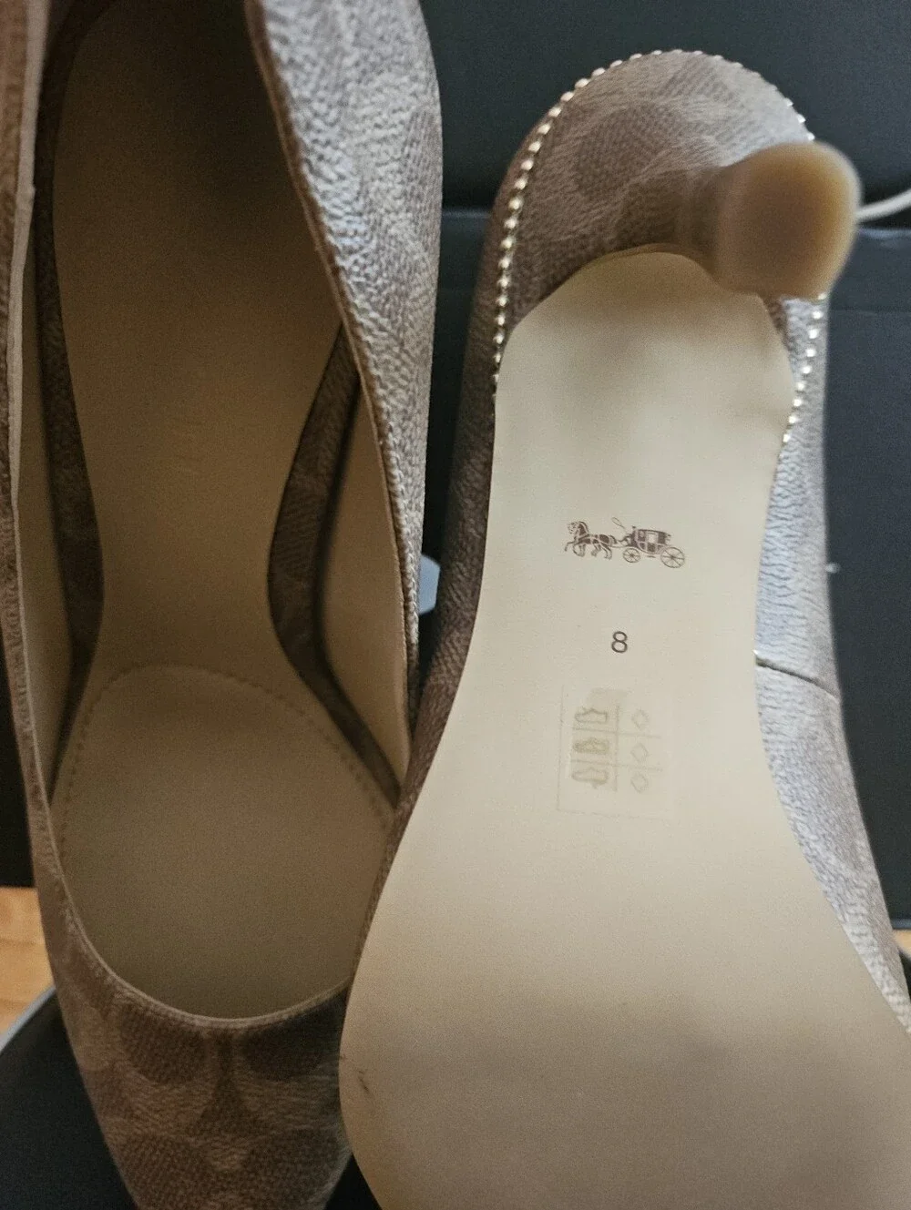 Coach Tan Brown Patterned Heeled Pumps with Gold Trim